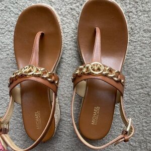 Michael Kors new unworn luggage/braided 8 1/2 sandals, wedge heal